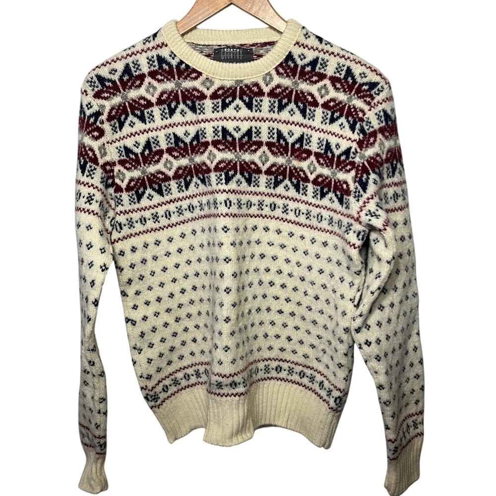 North Country by Jantzen Sweater VTG Pure New Wool Cream Blue Nordic Pullover L